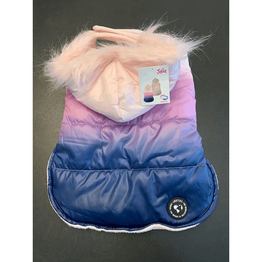 Justice Pet Dog's Faux Fur Hooded Ombre Puffer Jacket Size S NWT